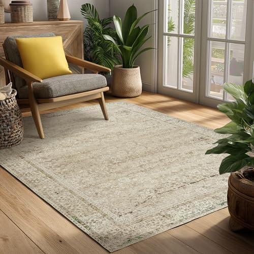Cream Beige Area Rugs 4x6 Washable Floral Front Door Rug Indoor Entrance by BILEEHOME