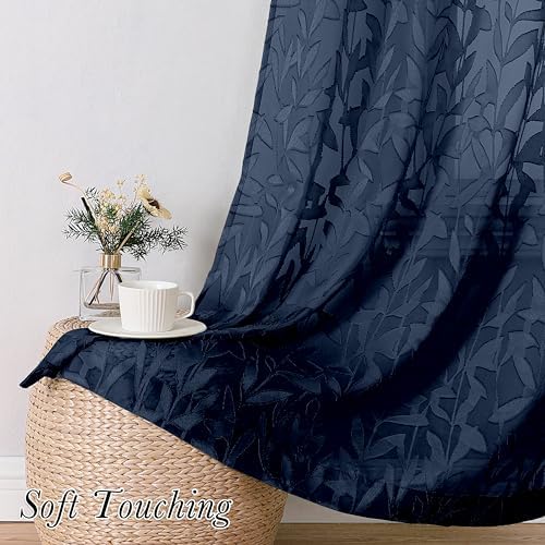 Lecloud Leia Navy Blue Sheer Curtains 72 Inches Long 2 Panels, Jacquard Leaf - Image 7