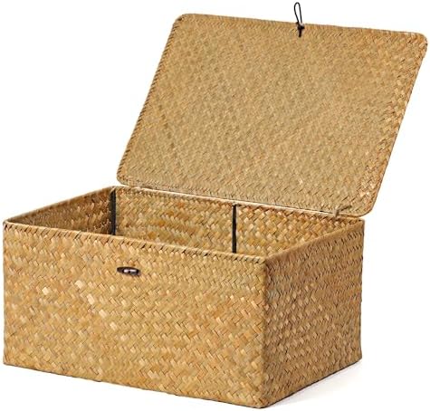 Nonam Large Wicker Basket with Lid, Seagrass Shelf Storage Basket by Home