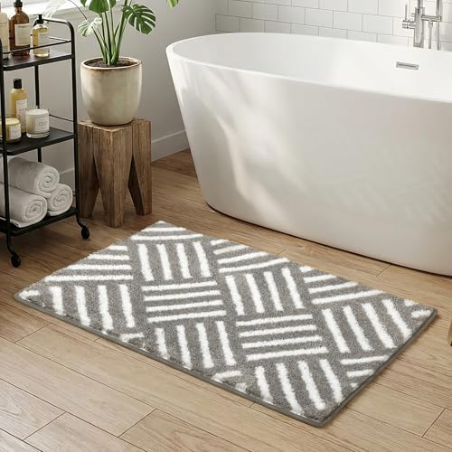 ORTIGIA Striped Gray Bathroom Rugs Non Slip Washable, 20x30 Quick Dry Absorbent by ORTIGIA