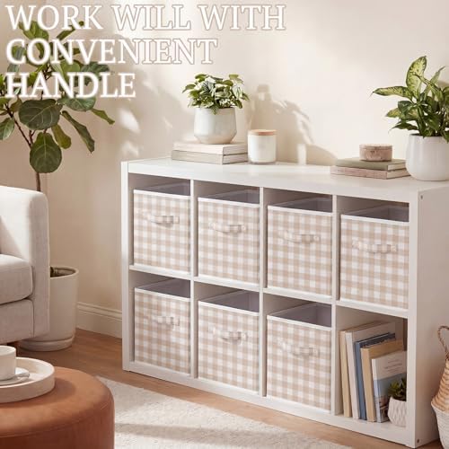 Yalikop 6 Pcs Beige Gingham Cube Storage Bins, 11 Inch Fabric Checkered - Image 6