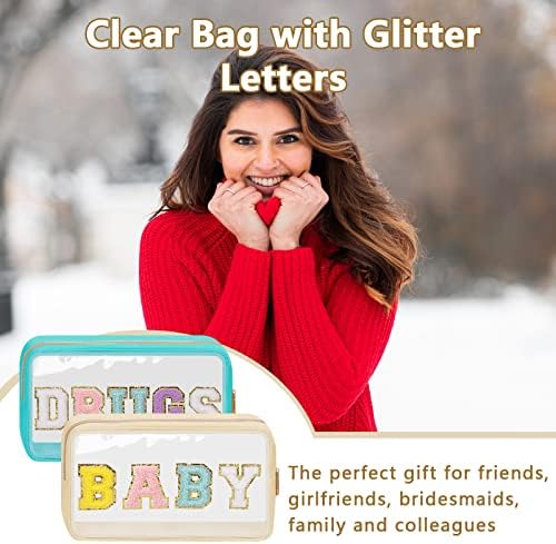 Iqimott Clear Patch Makeup Bag Baby Pouch, Preppy Personalized Chenille Letter - Image 5