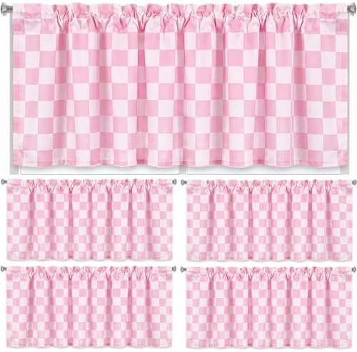 Mindsoft 4 Pcs Pink Checkered Window Valance Curtains by Mindsoft