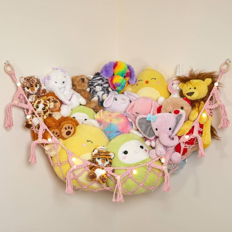 Large Macrame Stuffed Animal Storage Hammock w/Lights 2 Pack | Holds 12 lbs | by LillysLove