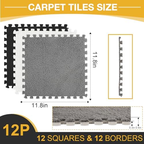 ZENOWICK 12 Pcs Plush Interlocking Carpet Tiles, Puzzle Play Mats - Image 3