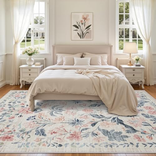 9x12 Area Rugs Boho Floral Washable Living Room Rug Neutral Carpet Bedroom - Image 3