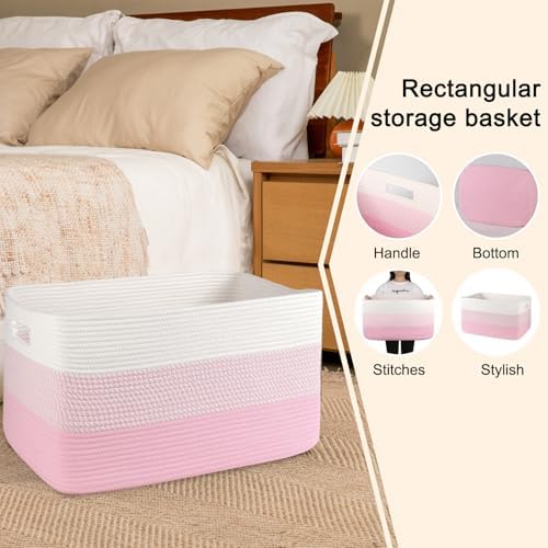 OIAHOMY Blanket Basket Laundry Basket Dog Toy Basket 75L Pink/White - Image 5
