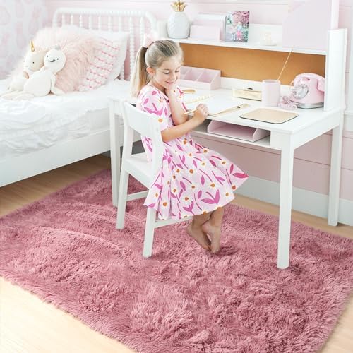 Amdrebio Blush Pink Fluffy Kids Area Rug 5x7 - Image 3