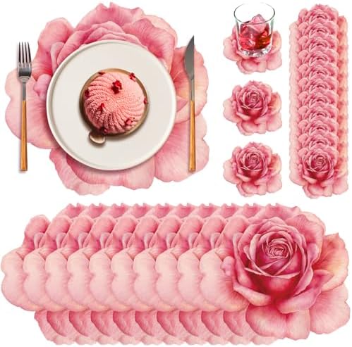 Geosar 200 Pcs Pink Floral Paper Placemats and Coasters Rose Flower Design by Geosar