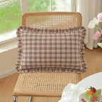 Set of 2 Ruffle Plaid Lumbar Pillow Covers 12x20 Inch Cotton Brown and White - Image 2