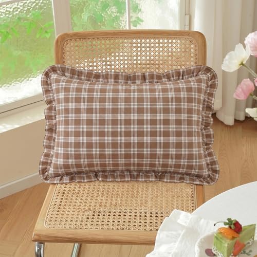 Set of 2 Ruffle Plaid Lumbar Pillow Covers 12x20 Inch Cotton Brown and White - Image 2
