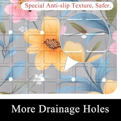 Shower Mat Non Slip 26.8 x 15.1 Inches, Floral Design Bathtub Mat Shower Stall - Image 2