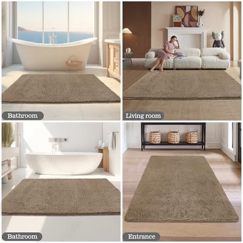 Yeaban Chenille Taupe Bathroom Rug 40"x60", Non-Slip Rubber Backing - Image 6