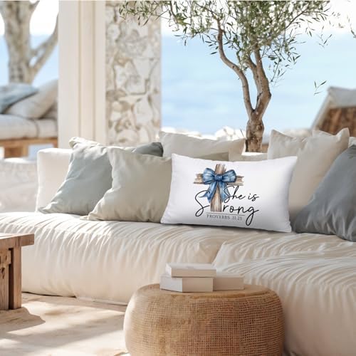 Coquette Blue Bow Cross Christian 12x20 Pillow Cover, Christian Home Decor - Image 7