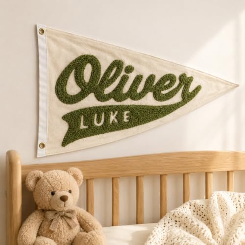 Custom Hand Embroidered Pennant Flag Personalized Baby Name Canvas Banner by DUNACO
