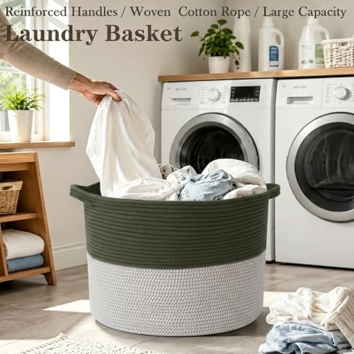115L Extra Large Blanket Basket, Woven Laundry Basket-Green&White - Image 5