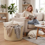 90L Extra Large Blanket Basket, Woven Rope Laundry Basket-Camel - Image 4