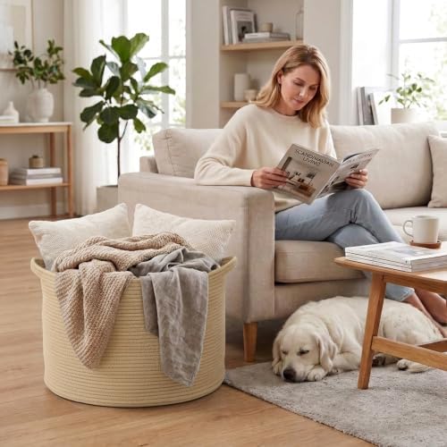 90L Extra Large Blanket Basket, Woven Rope Laundry Basket-Camel - Image 4
