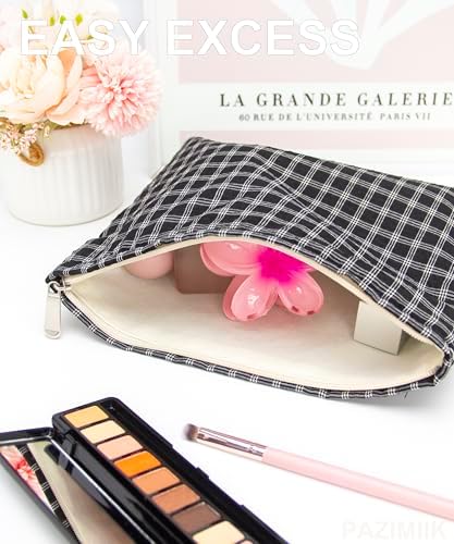 Flat Makeup Bag for Women, Zipper Cosmetic Pouch for Purse, Grid Black - Image 2