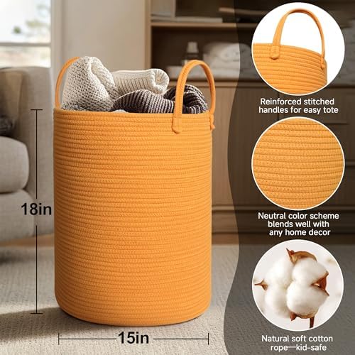 MEGASKET Large Orange Laundry Basket, XL Cotton Rope Toy Bin - Image 2