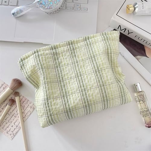 Flat Makeup Bag for Women, Zipper Cosmetic Pouch for Purse, Plaid Green - Image 6