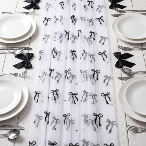 4 Pcs White Tulle Table Runner Black Bow, 29 X 70 Inch Lace - Image 3