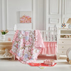 3 Pieces Pink Blue Rose Flowers Mini Crib Bedding Set Baby Ruffled Quilted - Image 3