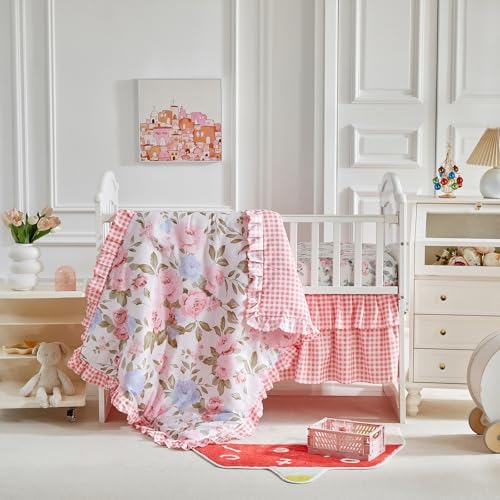 3 Pieces Pink Blue Rose Flowers Mini Crib Bedding Set Baby Ruffled Quilted - Image 3
