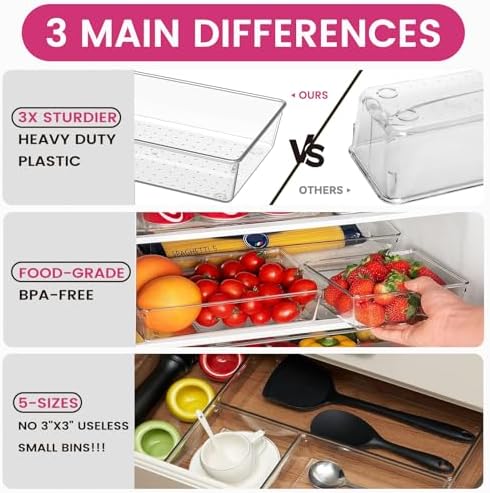 Criusia Large Drawer Organizer Bins 26 Pack | Complete 5 Size Clear Plastic - Image 5