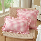 Set of 2 Light Pink and White Ruffled Throw Pillow Covers 18x18 Inch, Gingham - Image 3