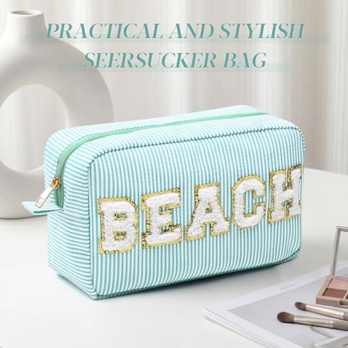 Sanwuta Seersucker Cosmetic Bag Beach Makeup Bag Chenille Letter Stripe Beach - Image 6