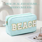 Sanwuta Seersucker Cosmetic Bag Beach Makeup Bag Chenille Letter Stripe Beach - Image 6