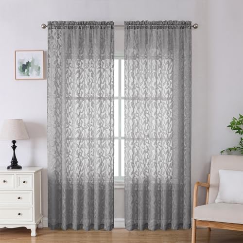 Lecloud Leia Charcoal Grey Sheer Curtains 90 Inches Long 2 Panels, Airy Leaf by Lecloud
