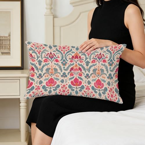 Vintage Boho Pink Teal and Gold Damask Floral Pillow Covers 12x20, Ethnic - Image 4