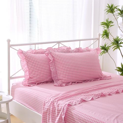 2 Pack Pink White Gingham Ruffle Standard Pillow Shams 20"x26" - Image 2