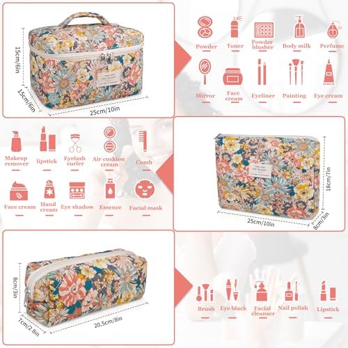 Gosect Makeup Bag Set, Quilted Makeup Bag, Large Floral Cosmetic Bag - Image 2