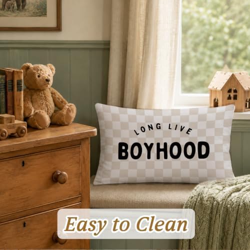 Boys Room Decor 12x20 Pillow Cover, Long Live Boyhood Retro Neutral Checkered - Image 3