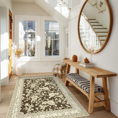 Brown Floral Rug for Bedroom Washable Rugs Non Slip Floor Covering 3x5 Ft by BILEEHOME