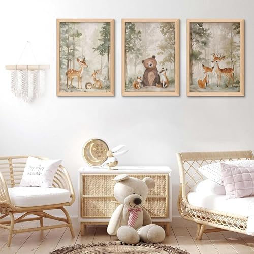 Framed Woodland Wall Art Set of 3, Wild Animals Nursery Wall Decor, Cute Bear - Image 2
