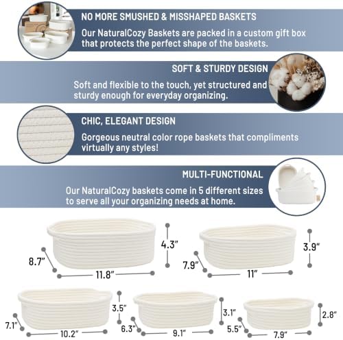 NaturalCozy 5-Piece Rectangle Storage Basket Set- Natural Cotton Rope Woven - Image 2