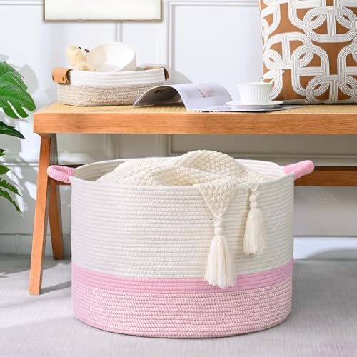 67L Large Blanket Basket, Cotton Rope Blanket Basket Living Room, Baby Laundry - Image 3