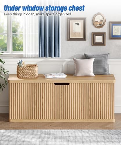 Akxomel 45.3" Fluted Storage Chest Wooden Storage Trunk 2 Safety Hinges Oak - Image 2