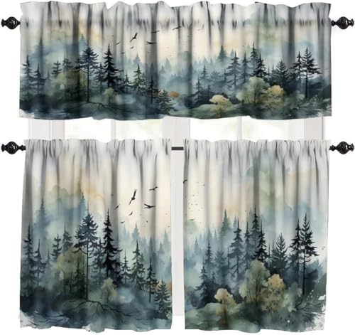 Forest Kitchen Valance Curtain, Watercolor Style Nature Mountain Woodland Green by LOMADIA