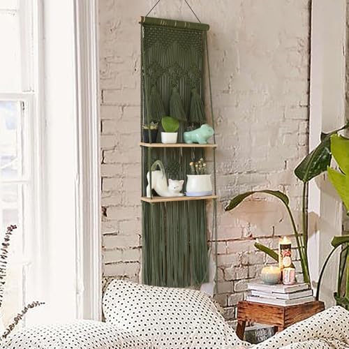 Flber Hanging Shelf Macrame Wall Hanging Green Boho Shelfs Tassels Floating - Image 5