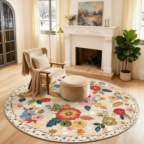 4ft Washable Round Rugs for Bedroom: Circle Living Room Rug Floral Vintage Non - Image 2