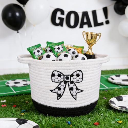 Bow Woven Basket- Beautiful Cotton Rope Gift Basket Embroidered Soccer Bow - Image 2