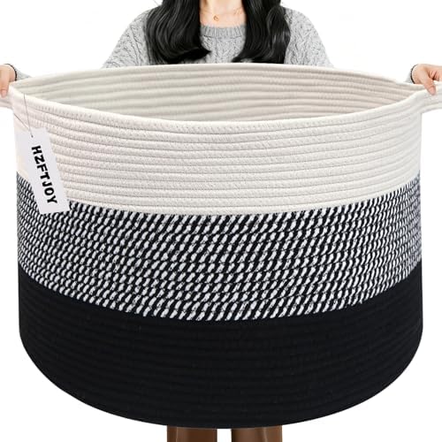 115L Extra Large Blanket Basket, Woven Laundry Basket-Mixed Black by HZFTJOY