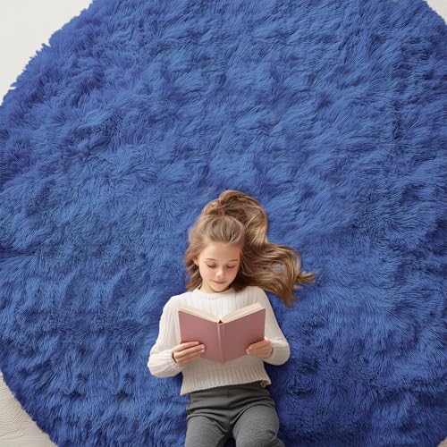 OLANLY Navy Blue Round Rugs for Bedroom by OLANLY