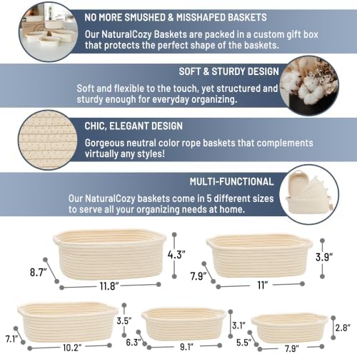 NaturalCozy 5-Piece Rectangle Storage Basket Set- Natural Cotton Rope Woven - Image 2