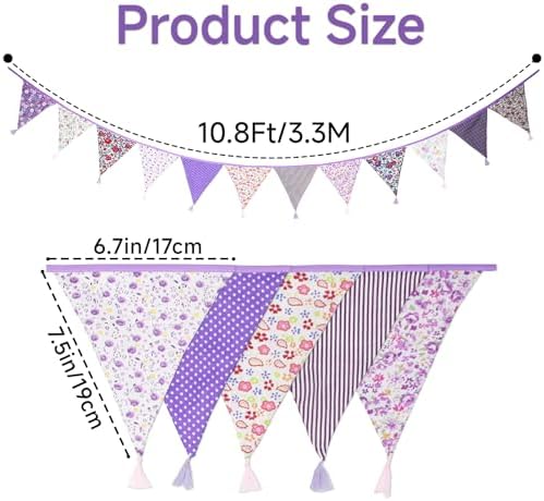 G2PLUS 10.8Ft Cotton Triangle Bunting Banner – 12pcs Purple Floral Fabric - Image 2